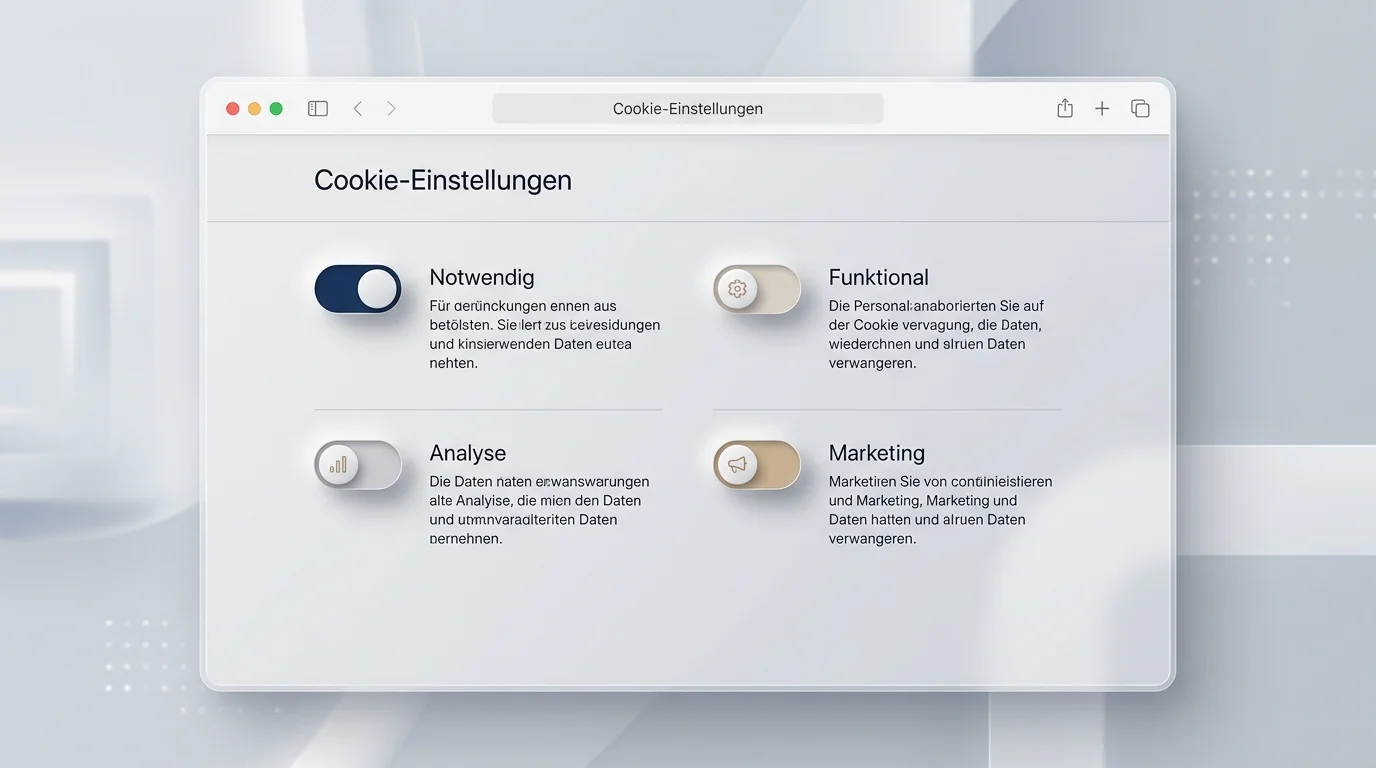 Symbolische Darstellung von Cookie-Einstellungen auf einem Bildschirm mit Schaltern für verschiedene Kategorien