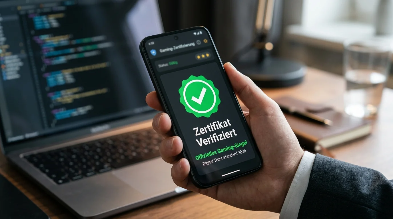 Symbolische Darstellung der Prüfung eines digitalen Lizenzsiegels einer Glücksspielbehörde