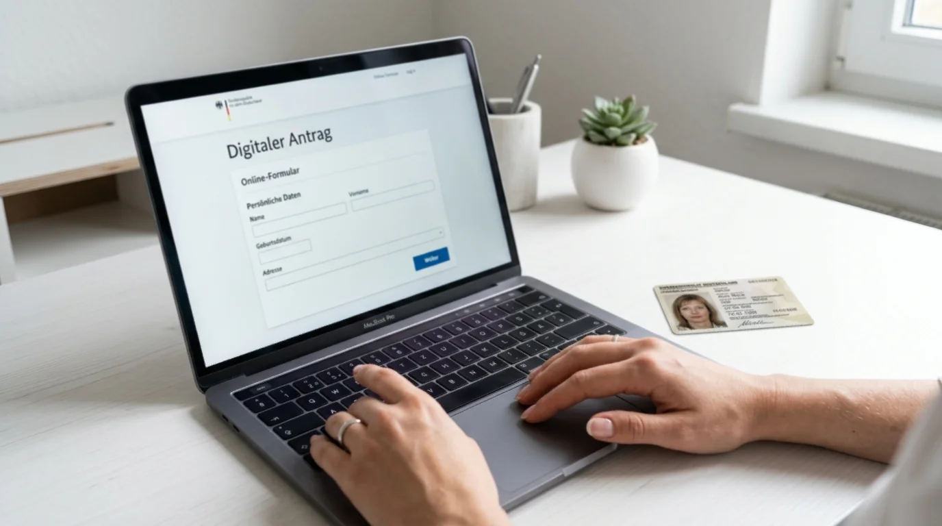 Laptop mit digitalem Antragsformular und Ausweisdokument als Sinnbild für die vollständig digitale Antragstellung