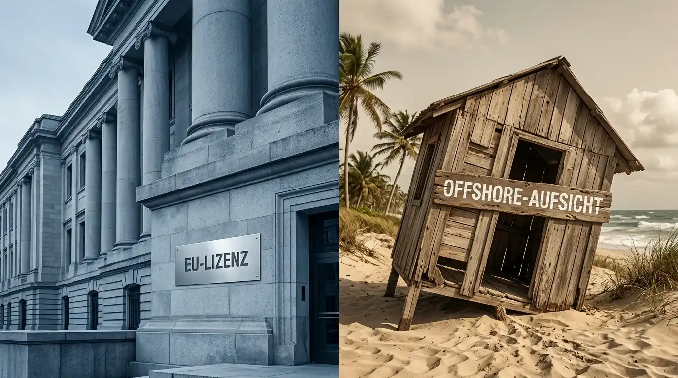 Gegenüberstellung von EU-Aufsicht und schwach regulierten Offshore-Lizenzregimen in Tabellenform