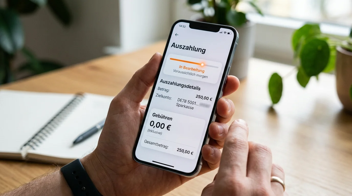 Digitale Geldbörse auf einem Smartphone mit symbolischer Darstellung von Auszahlungszeiten und Gebühren