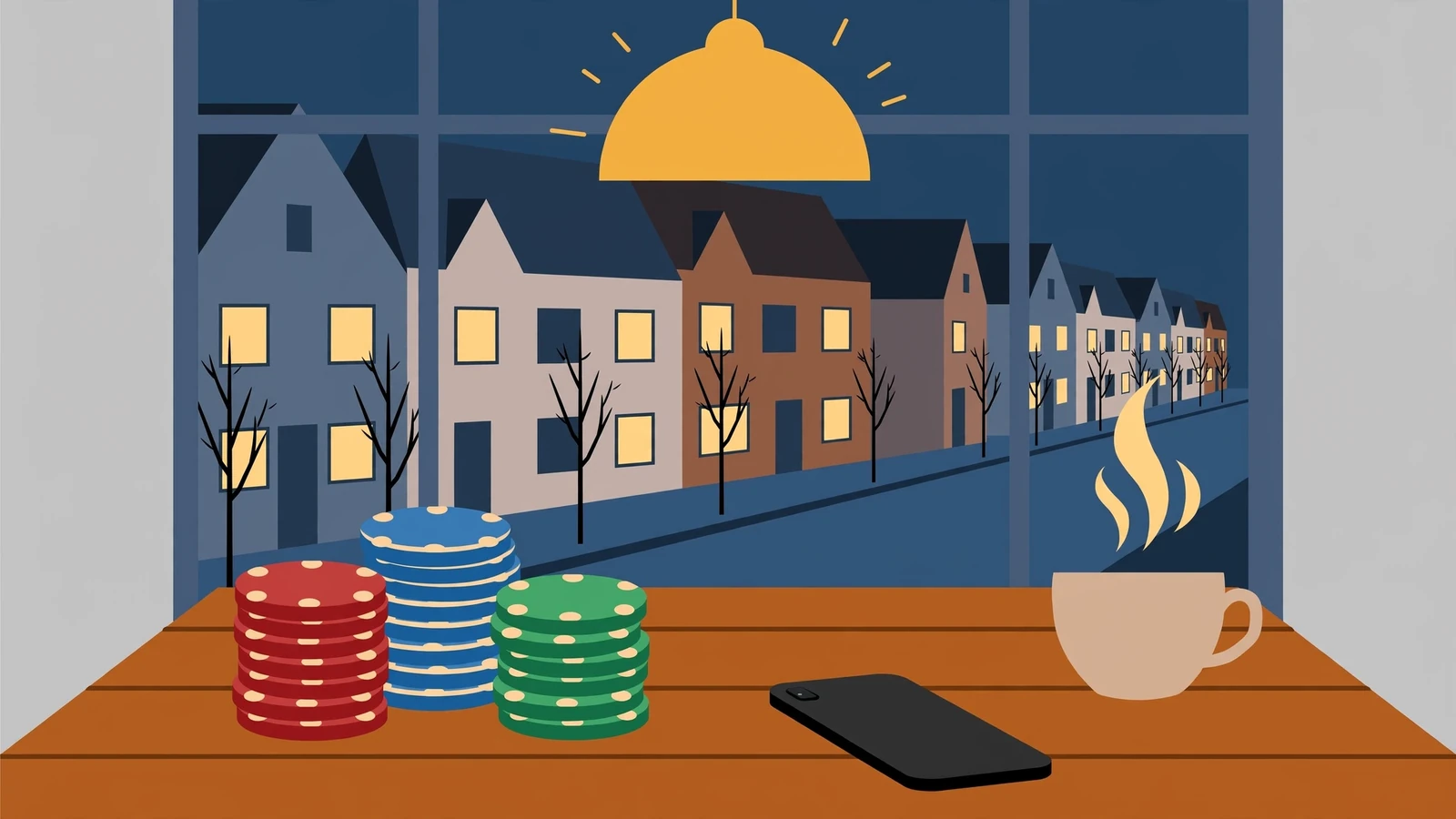 Bunte Casino-Chips neben Smartphone auf Holztisch in moderner deutscher Wohnung am Abend
