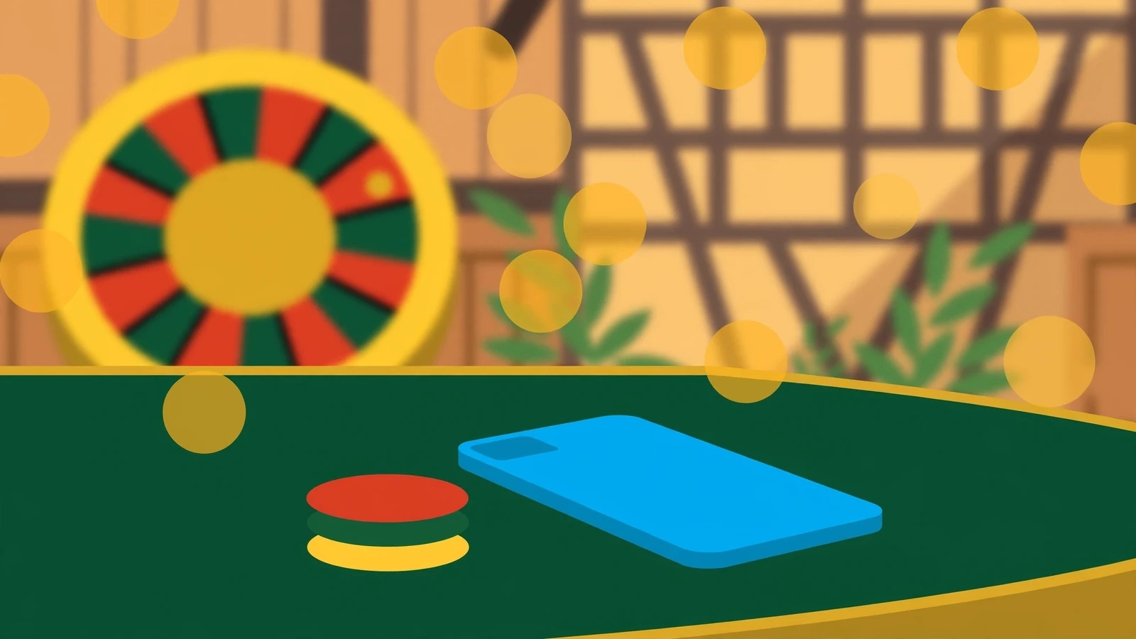 Casino-Tisch mit Spielchips, Roulette und Smartphone