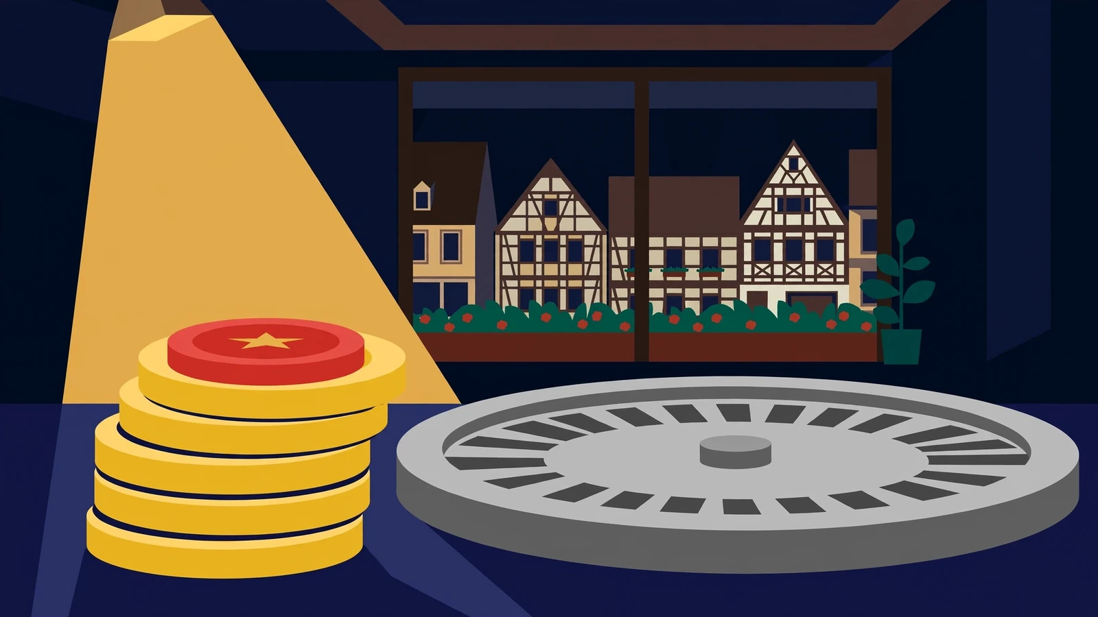 Goldene Casino-Chips neben Roulette in stimmungsvoller Lounge