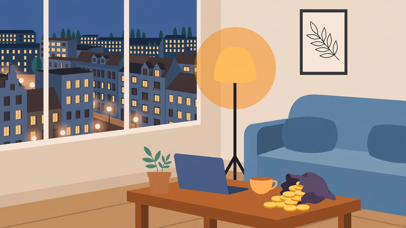 Abendliche deutsche Wohnung mit Goldmünzen auf dem Tisch