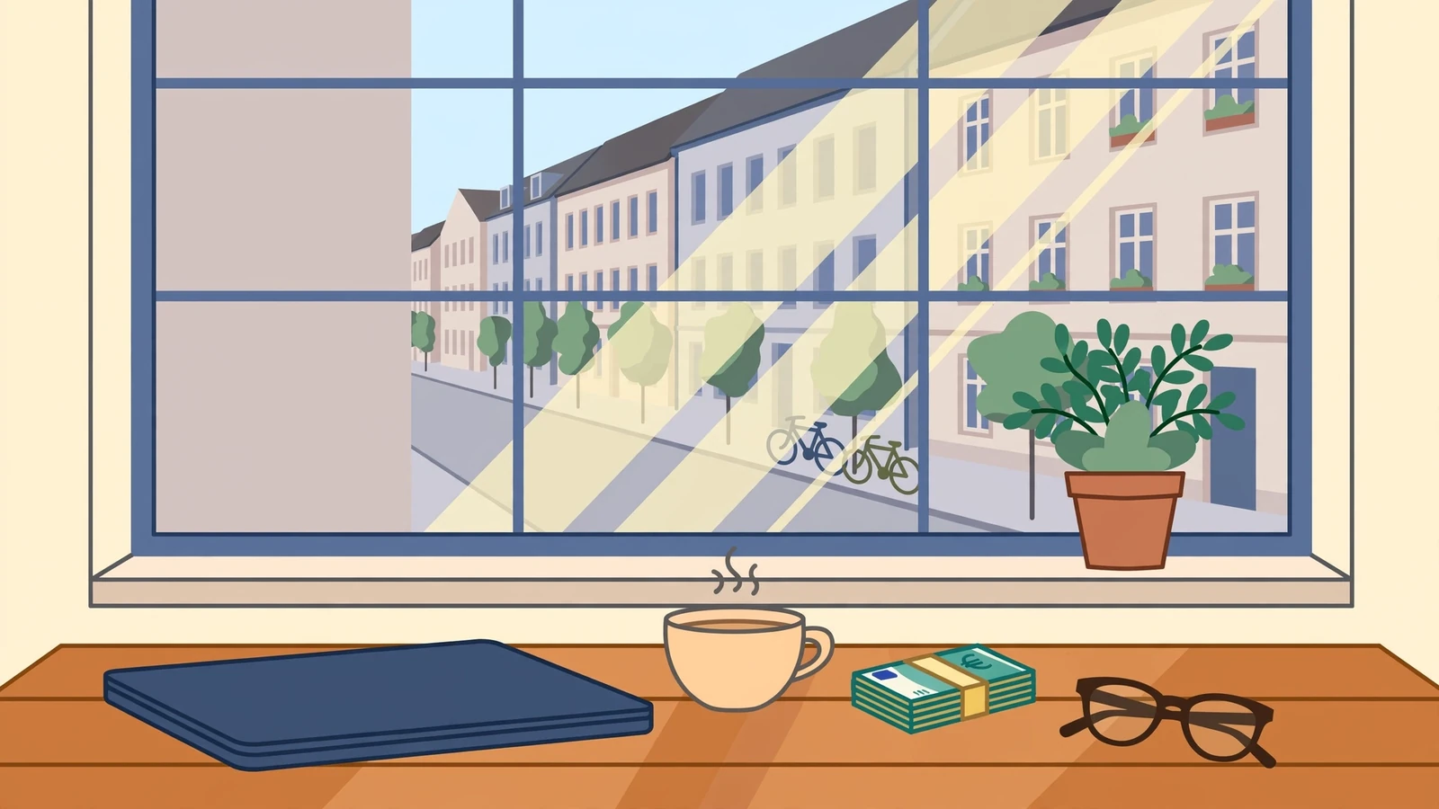 Moderner Heimarbeitsplatz mit Laptop, Euro-Geldscheinen und Tasse Kaffee am Schreibtisch.
