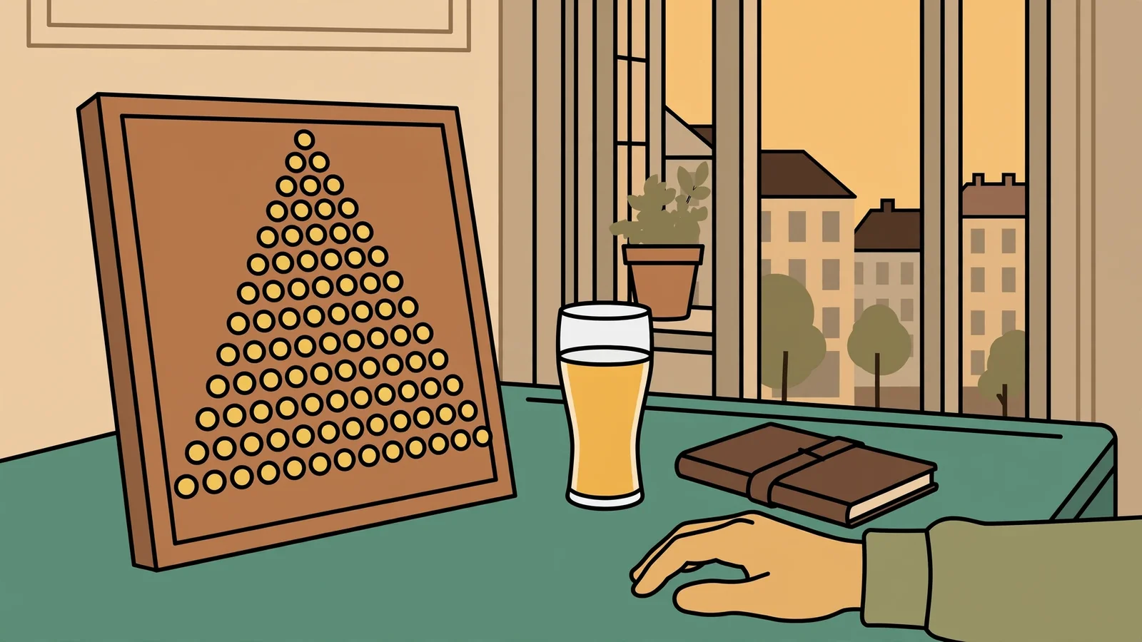 Holz Plinko-Brett auf Filz-Tisch in Berliner Wohnung bei Abendlicht.