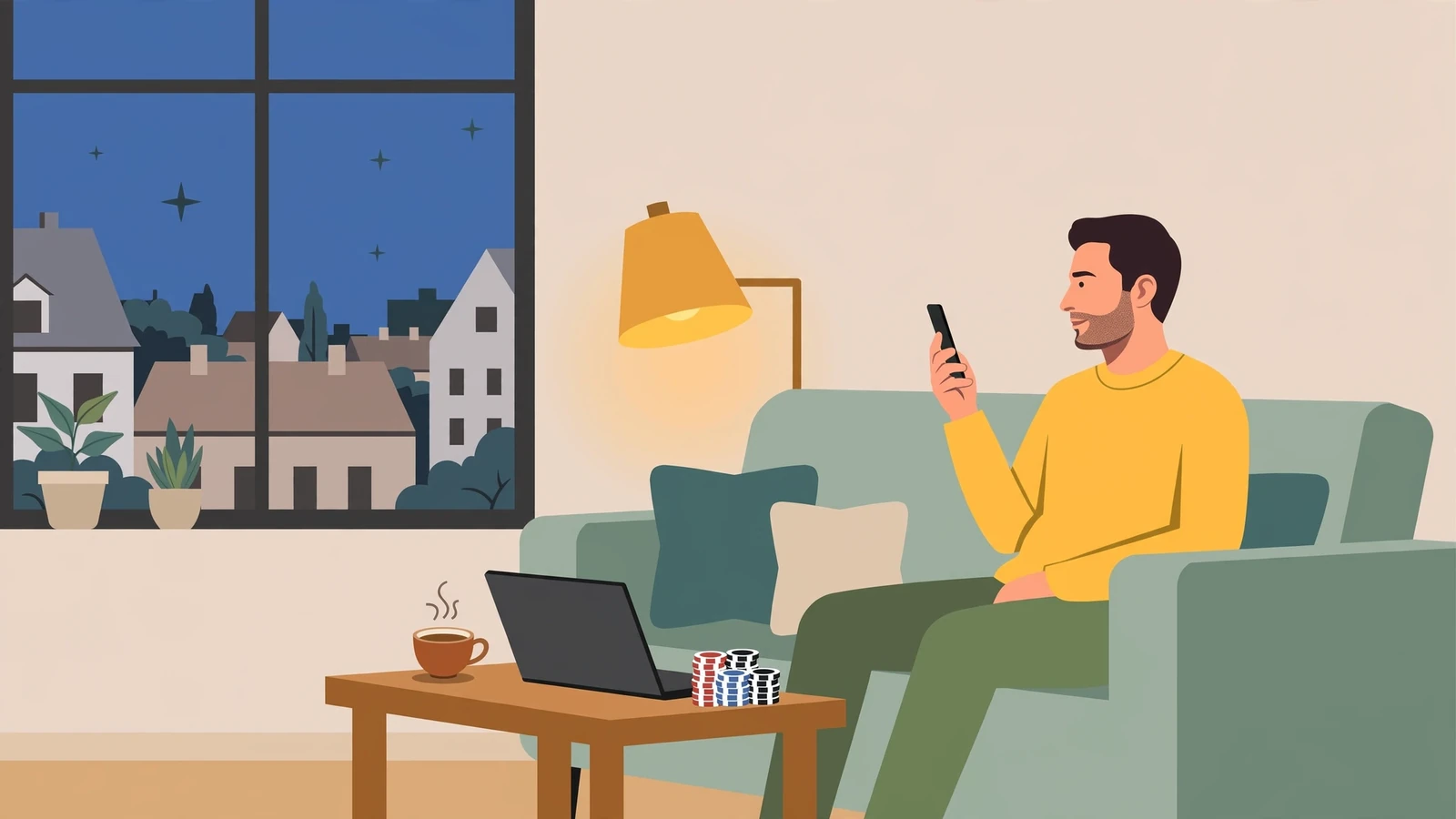 Gemütliches Wohnzimmer in Deutschland mit Smartphone, Pokerchips und geschlossenem Laptop bei warmem Licht.
