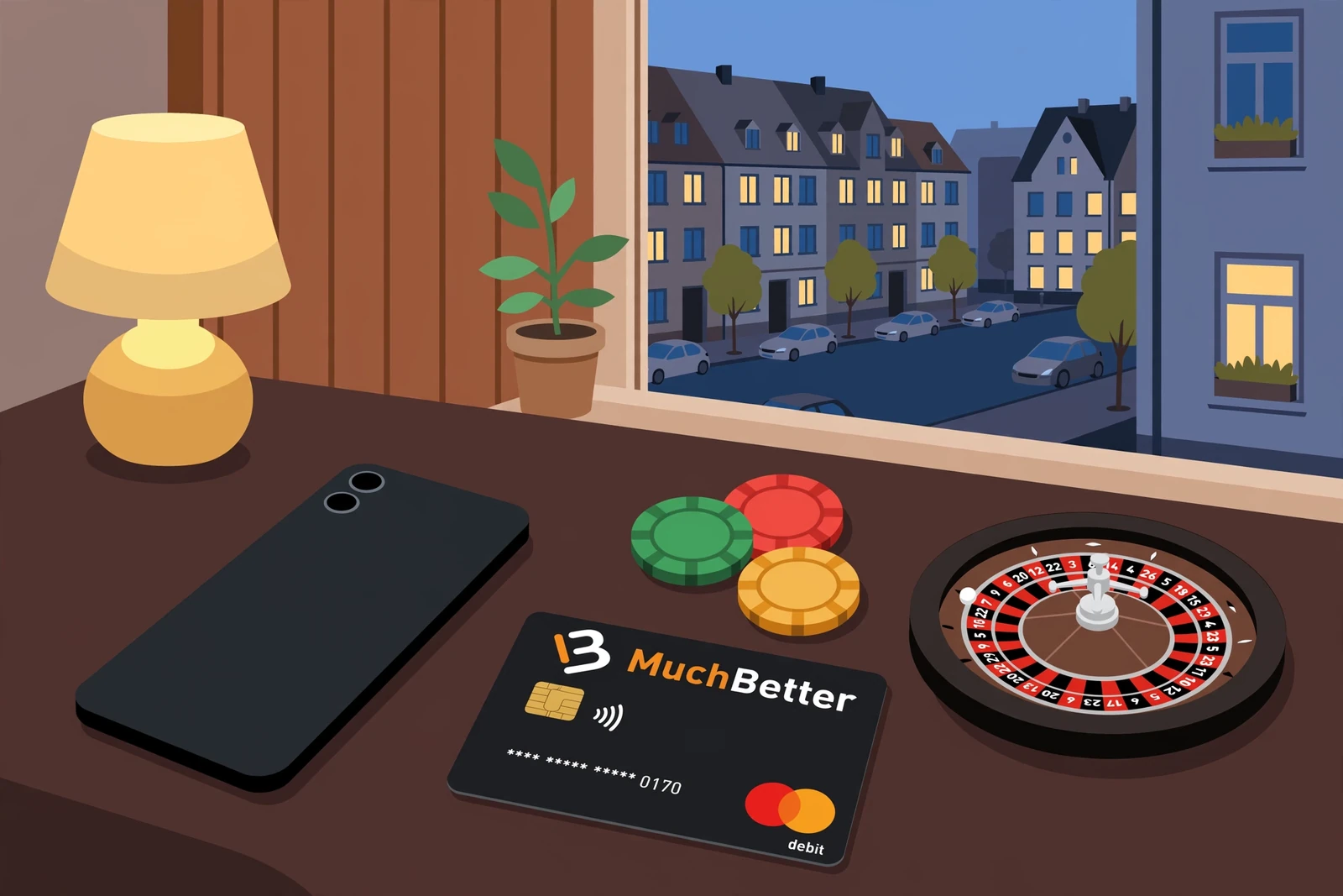 Smartphone mit MuchBetter-Karte und Casino-Chips auf Tisch