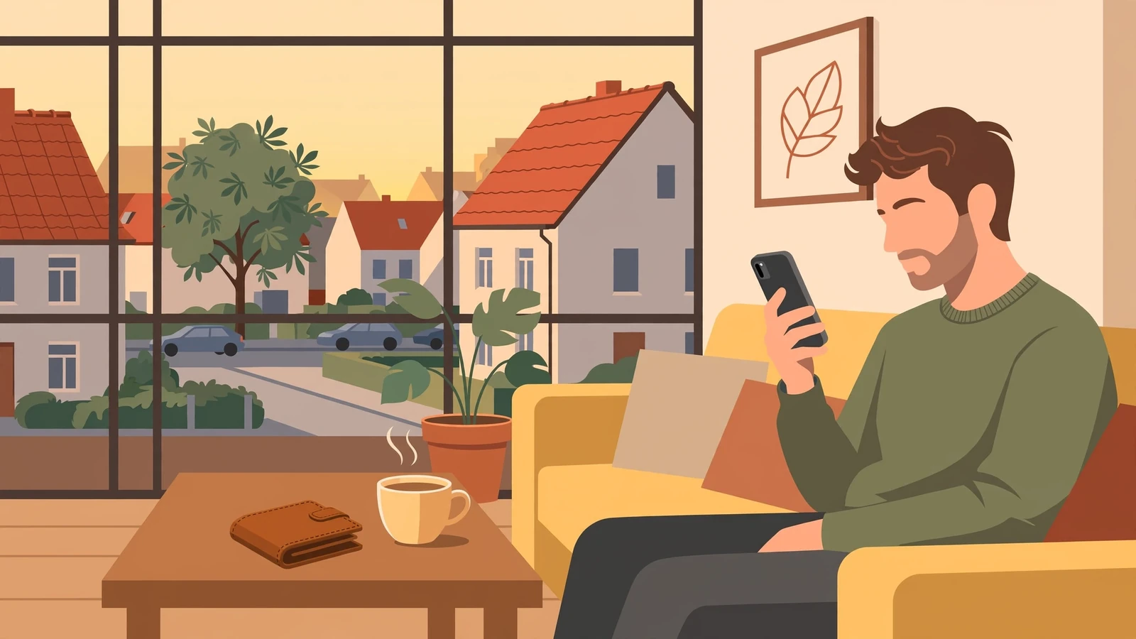 Gemütliches deutsches Wohnzimmer mit Person am Smartphone und Geldbörse auf dem Tisch