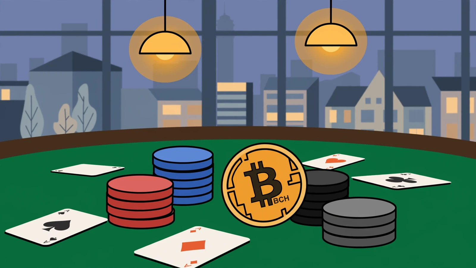 Beleuchteter Casino-Tisch mit Chips, Spielkarten und Bitcoin-Cash-Münze vor einer Stadtsilhouette.