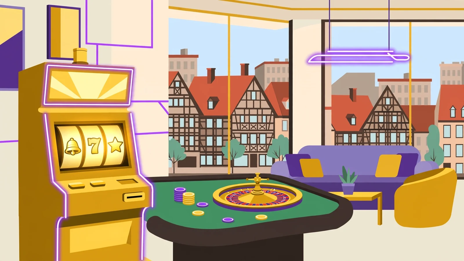 Modernes Casino-Lounge-Setting mit Spielautomaten, Roulette und Casino-Chips in warmem Licht