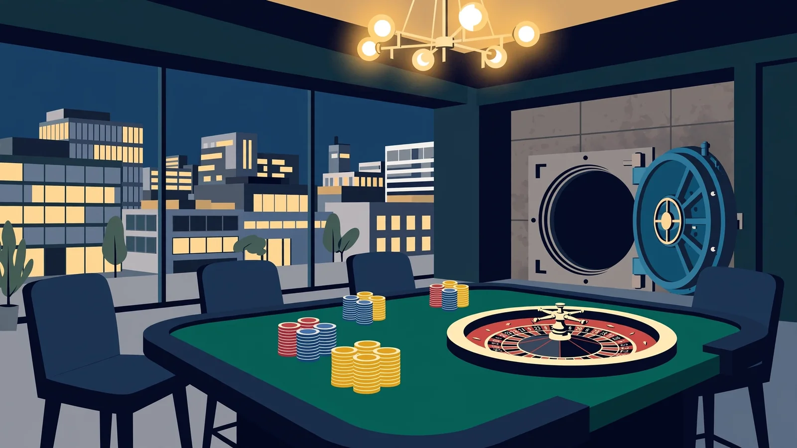 Luxuriöses Casino-Interieur in Deutschland nachts mit Spieltisch, Roulette und offenem Tresor
