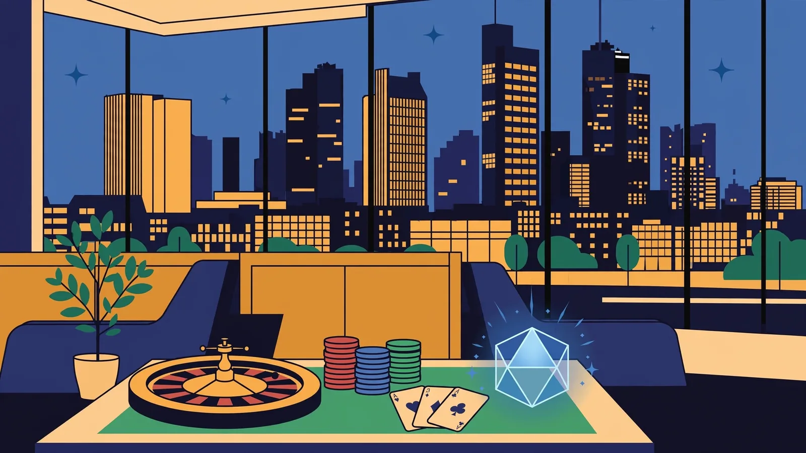 Elegante Lounge in Frankfurter Hochhaus mit Roulette, Pokerchips und leuchtendem Ether-Kristall bei Dämmerung.