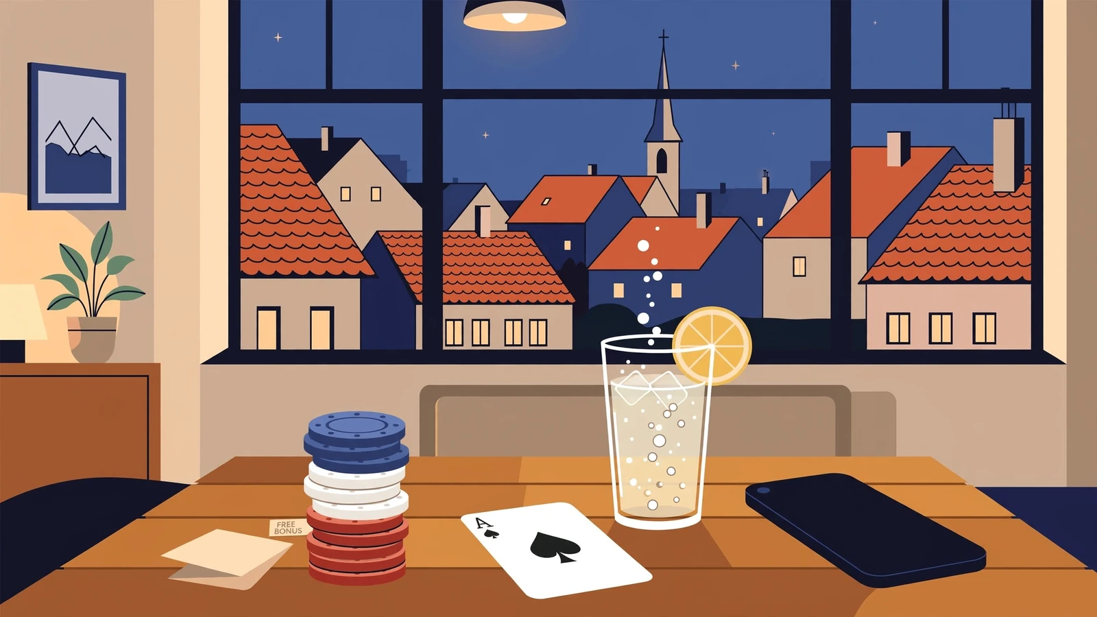 Gemütliche deutsche Wohnung am Abend mit Spielchips, einer Spielkarte und einem Smartphone auf dem Couchtisch