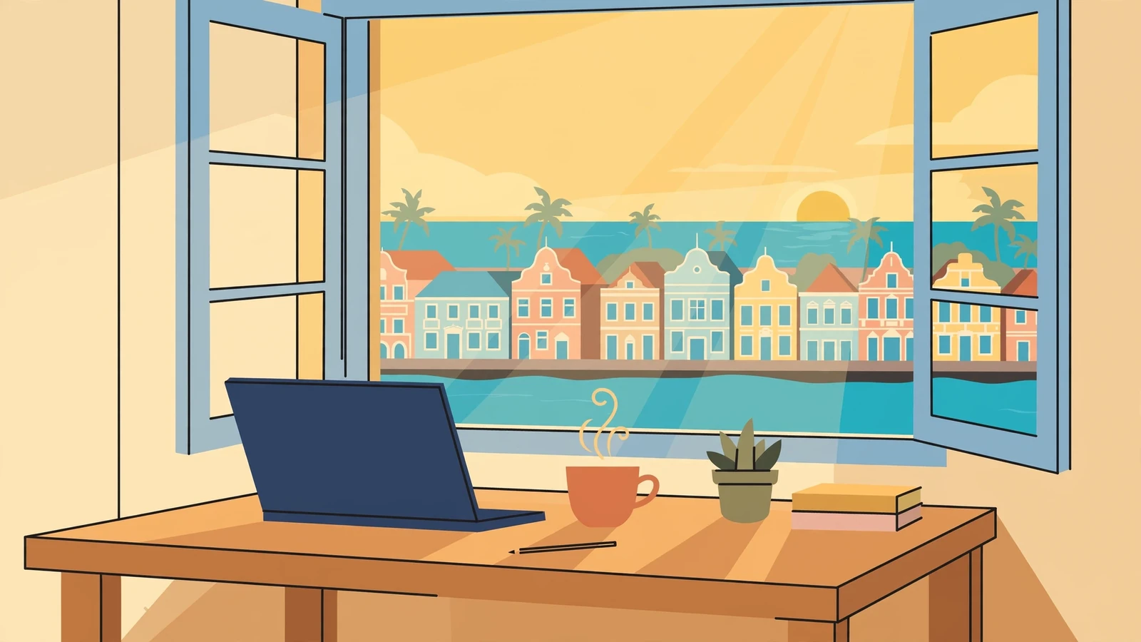 Schreibtisch mit geschlossenem Laptop am offenen Fenster mit Blick auf Willemstad