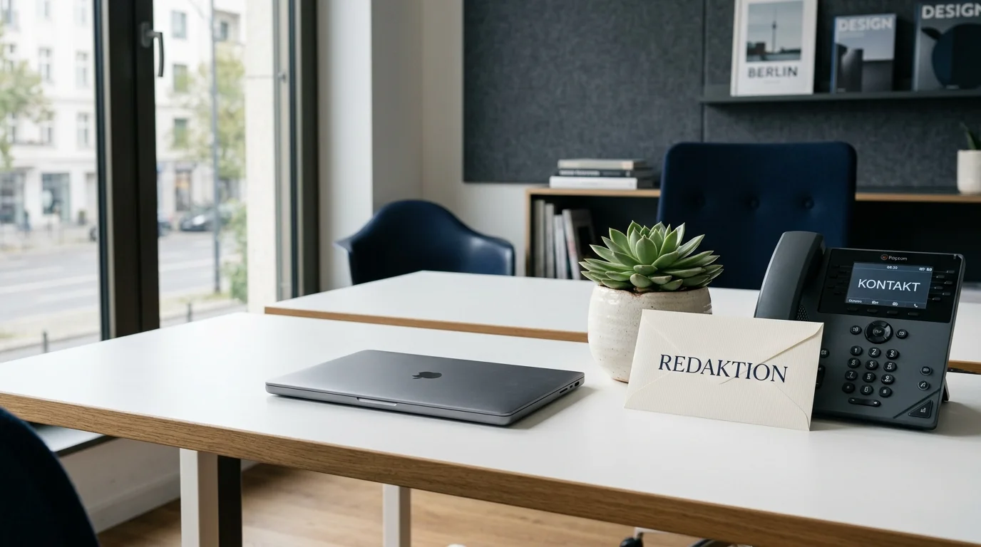 Aufgeräumter Arbeitsplatz mit Briefumschlag, Laptop und Telefon als Symbol für die Erreichbarkeit der Redaktion
