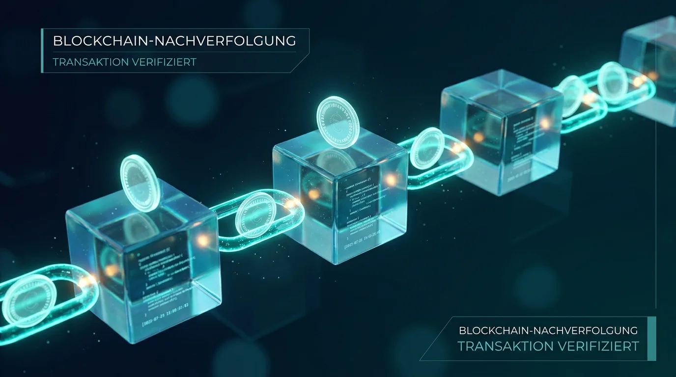 Stilisierte Blockchain-Kette mit Krypto-Symbolen als Hinweis auf die Nachverfolgbarkeit von Transaktionen