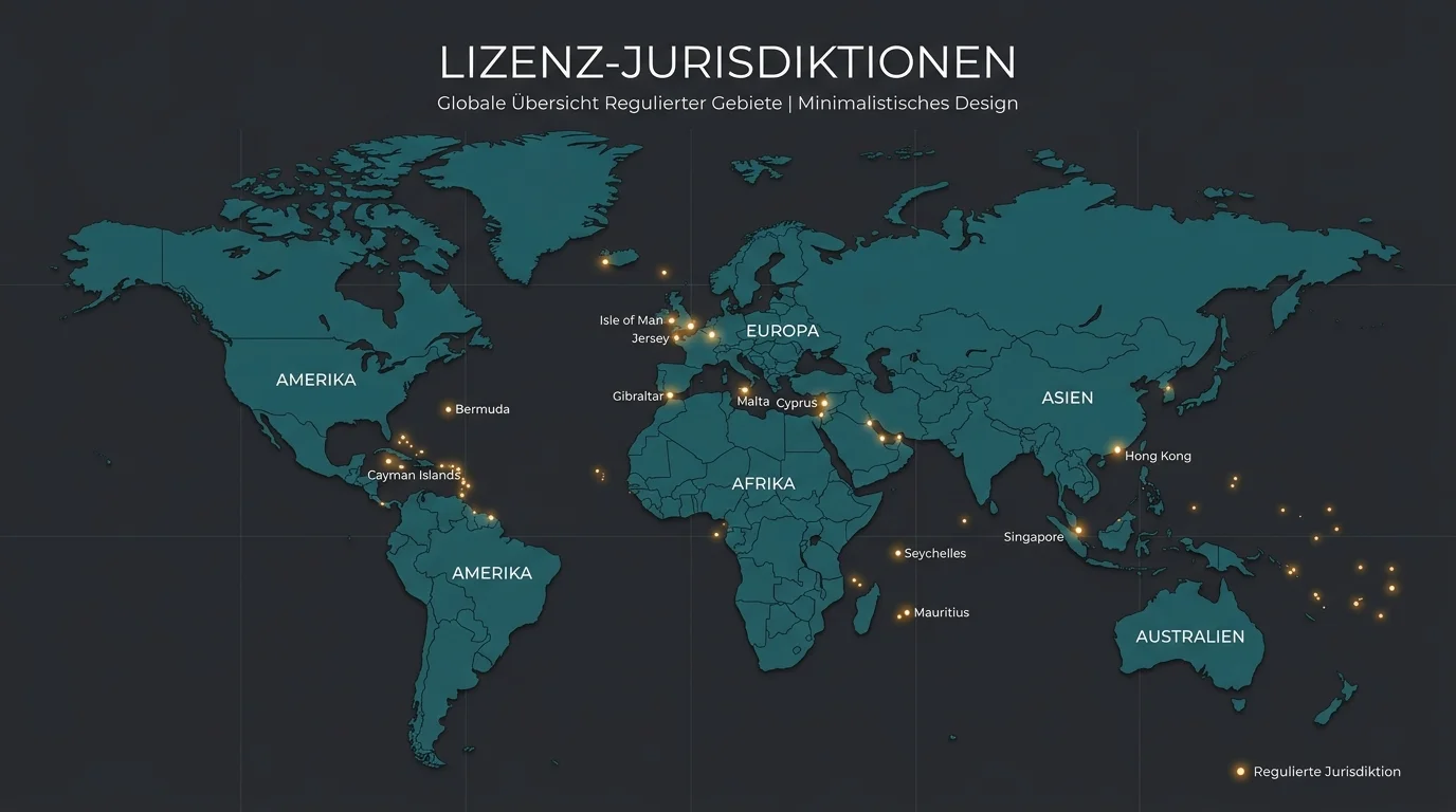 Schematische Darstellung der wichtigsten Glücksspiel-Lizenzgebiete auf einer stilisierten Weltkarte