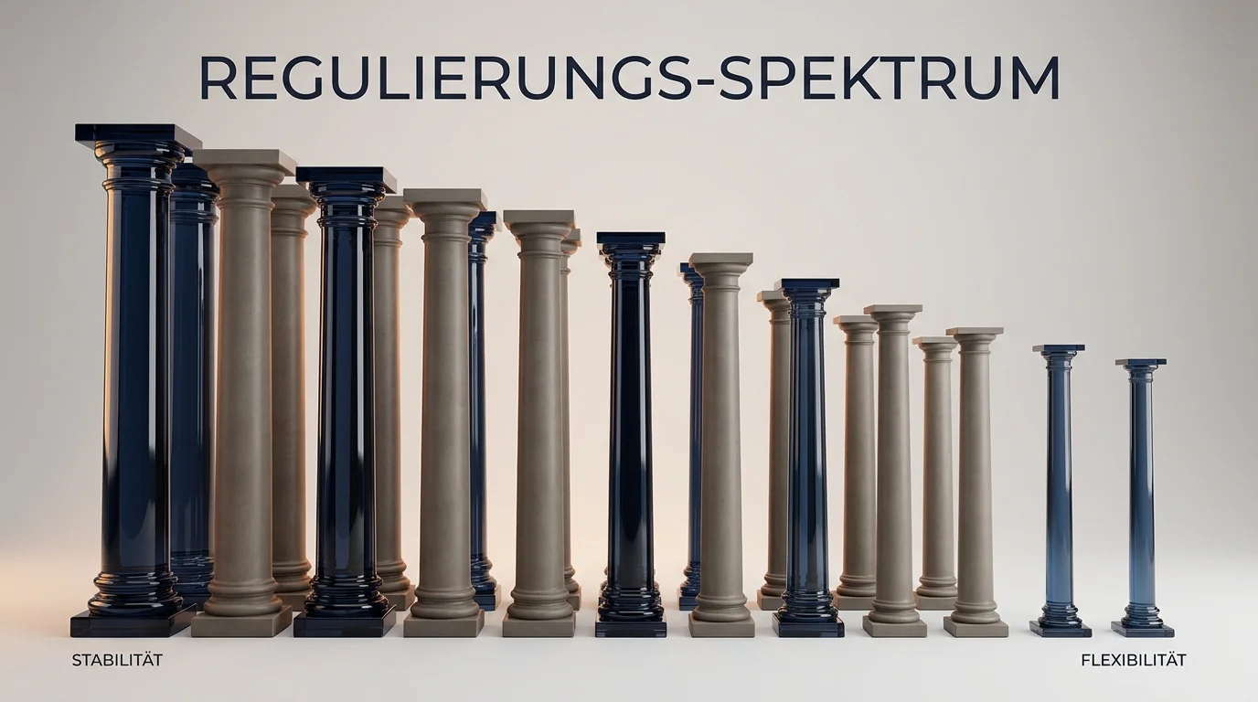 Spektrum von strenger EU-Aufsicht bis zu minimal regulierten Offshore-Lizenzregimen als abstrakte Säulendarstellung