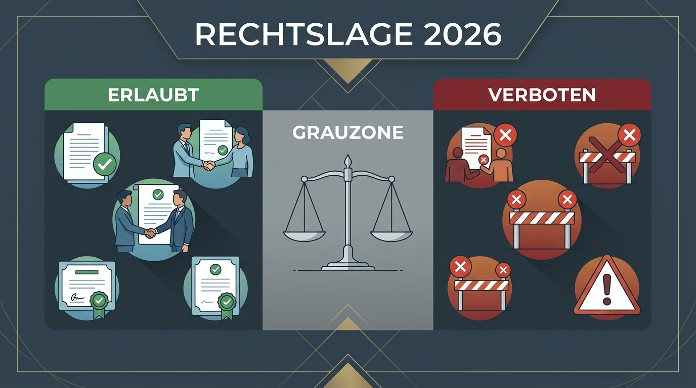 Symbolische Darstellung der rechtlichen Einordnung von Online-Glücksspiel ohne deutsche Erlaubnis im Jahr 2026