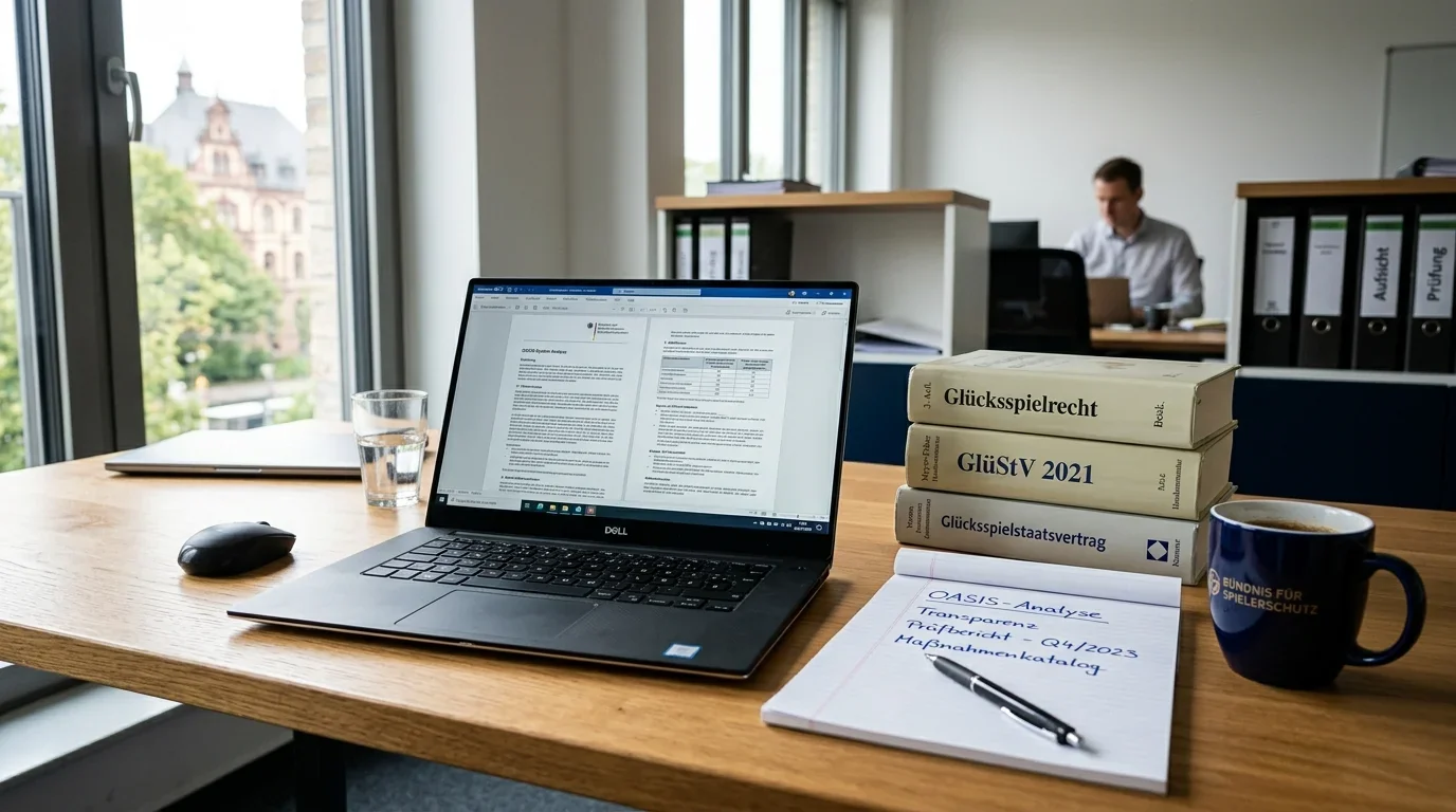 Schreibtisch einer Redaktion mit Gesetzestexten und Notizen als Symbol für faktenbasierte Arbeit zum deutschen Glücksspielrecht