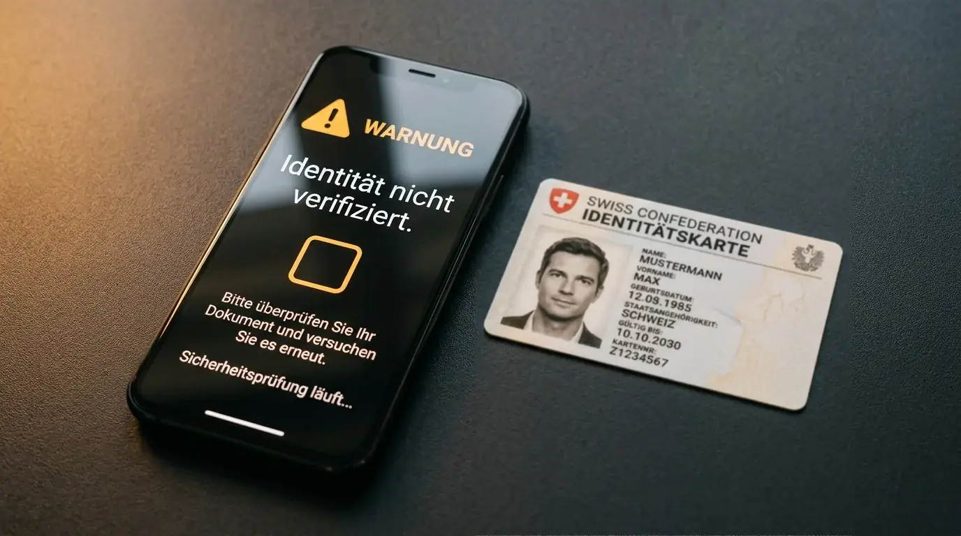 Ausweisdokument neben einem Smartphone mit nicht abgehakter Verifizierung als Symbol für ein mögliches Warnzeichen