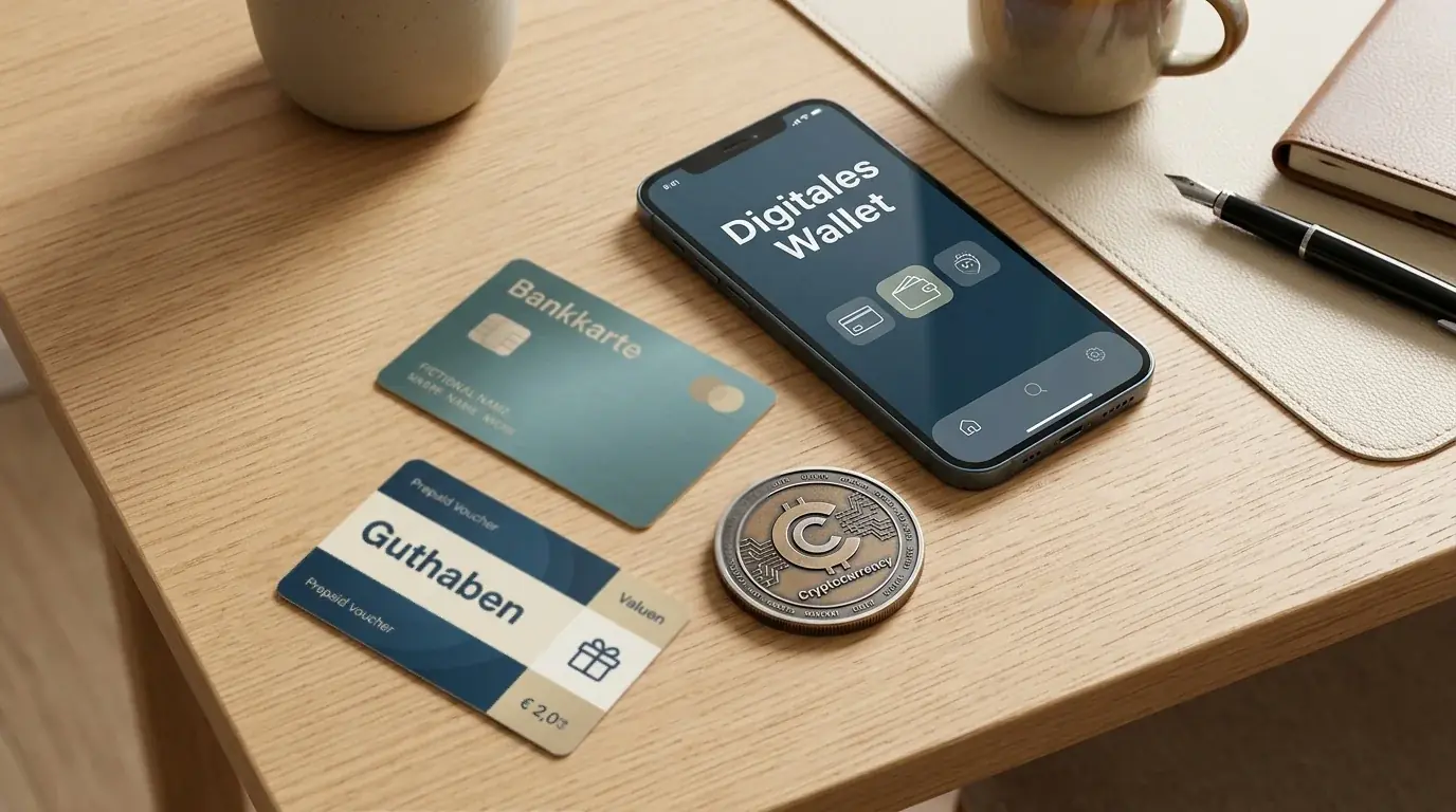 Übersicht verschiedener Zahlungsmittel wie Prepaid-Karten, Krypto-Symbole und digitale Wallets auf einem Tisch
